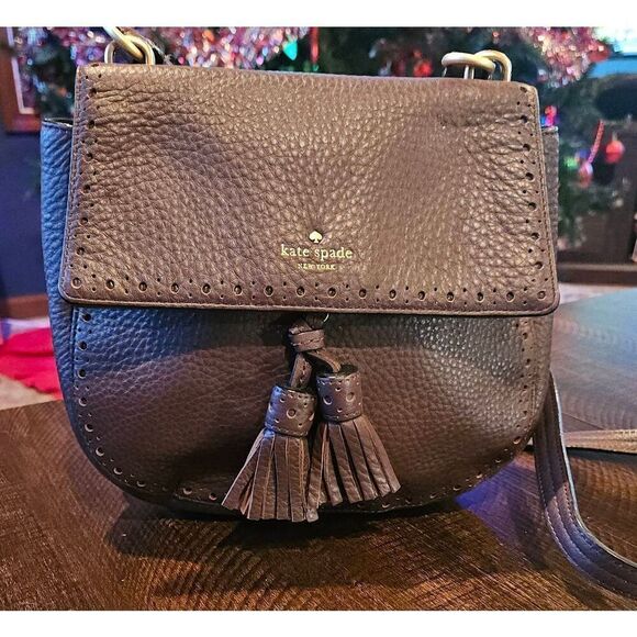 KATE SPADE JAMES STREET SHAYLEE BLACK LEATHER TASSELS CROSSBODY HANDBAG - Picture 1 of 4